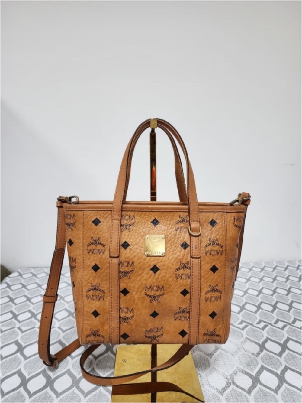 Authentic MCM Visetos Mini Toni Shopper Tote Cognac